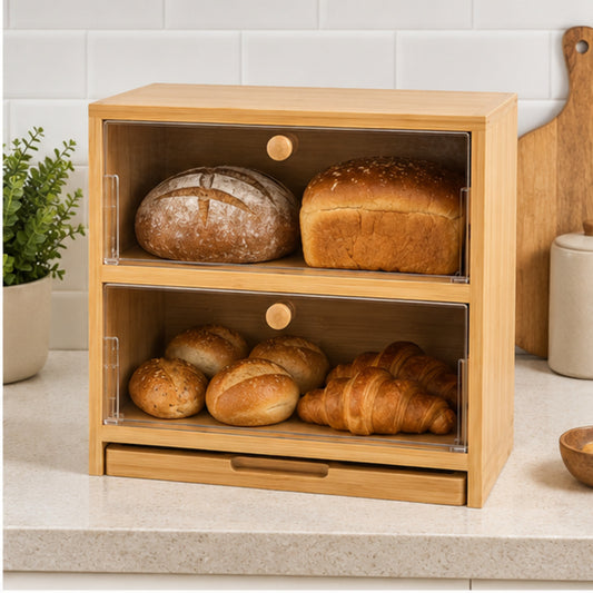 Double-Layer Bamboo Bread Box with Clear Doors and Removable Cutting Board