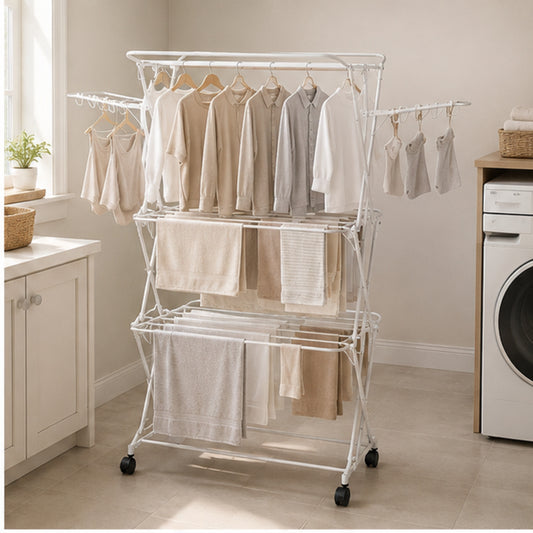 3-Tier Folding Clothes Drying Rack with Side Wings and Locking Casters