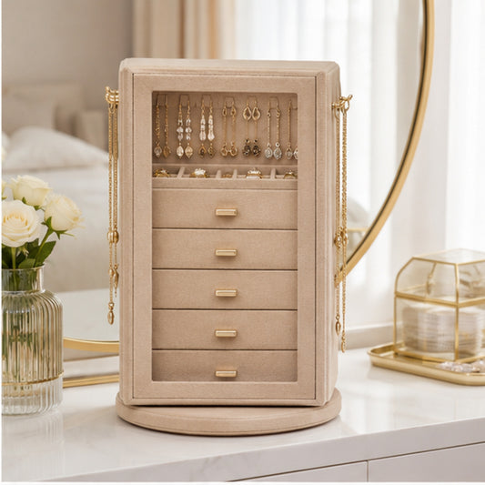 5-Drawer Rotating Jewelry Organizer with Glass Window and Velvet Interior