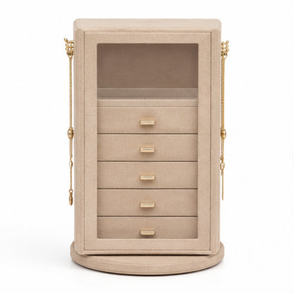 5-Drawer Rotating Jewelry Organizer with Glass Window and Velvet Interior