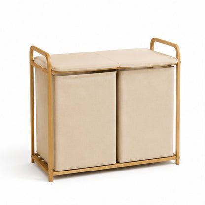 100 L Dual-Compartment Laundry Hamper with Bamboo Frame and Removable Bags