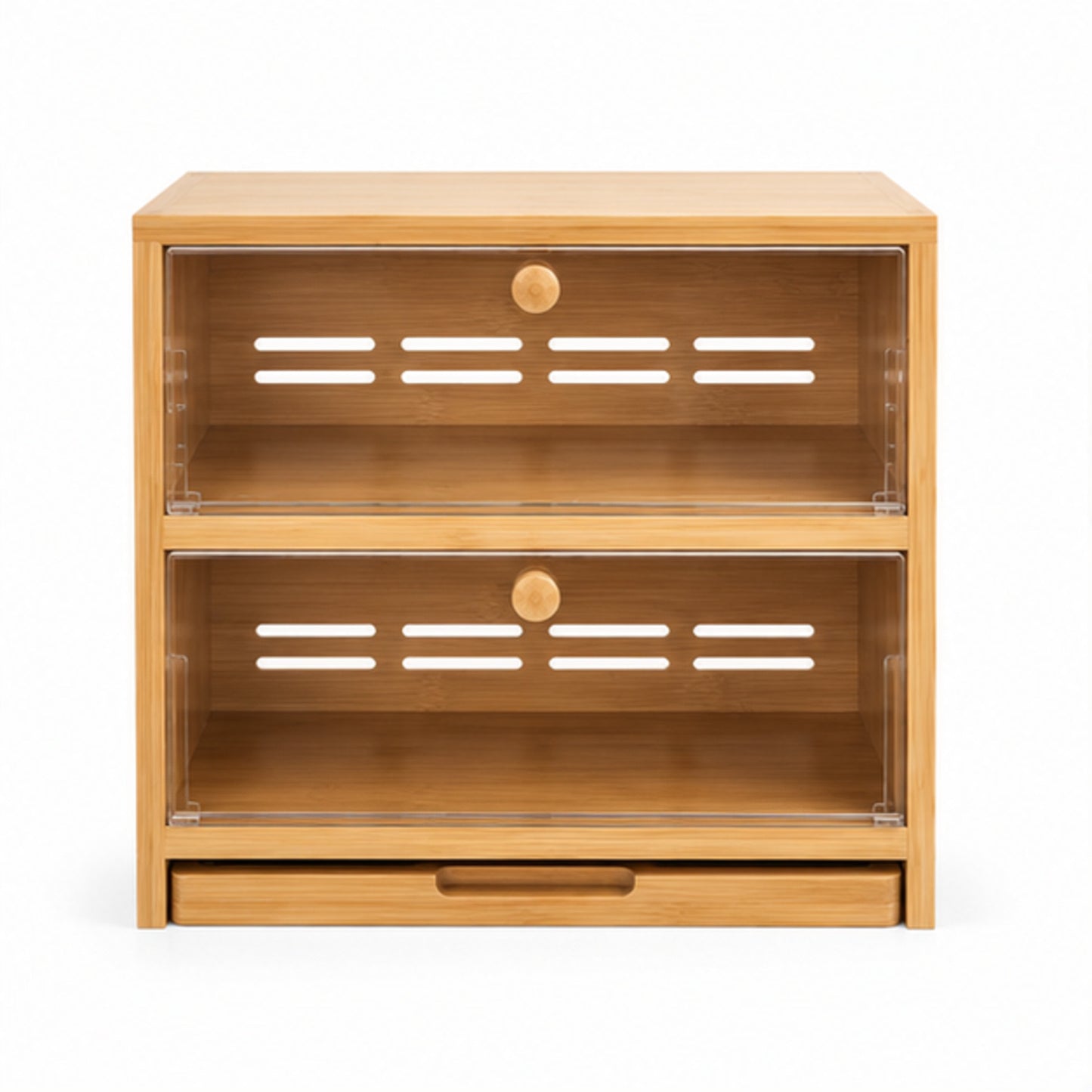 Double-Layer Bamboo Bread Box with Clear Doors and Removable Cutting Board
