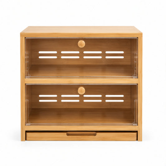 Double-Layer Bamboo Bread Box with Clear Doors and Removable Cutting Board