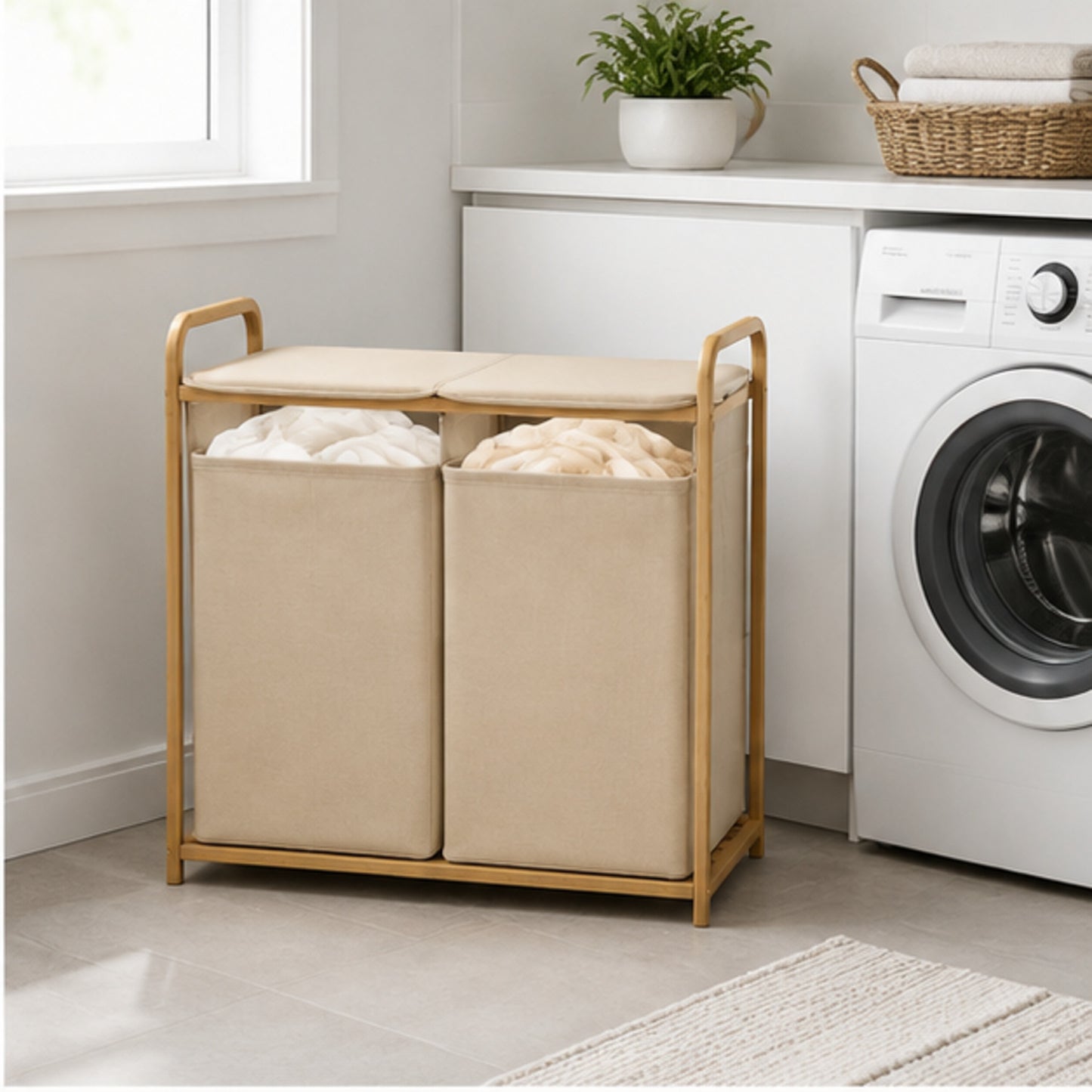 100 L Dual-Compartment Laundry Hamper with Bamboo Frame and Removable Bags