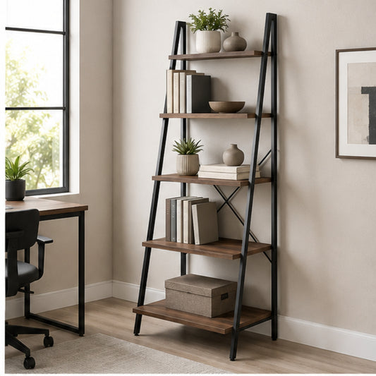 5-Tier Ladder Bookshelf with Wood Shelves and Metal Frame