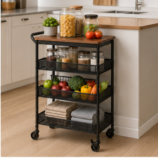 5-Tier Rolling Kitchen Utility Cart with Wood Top and Locking Casters