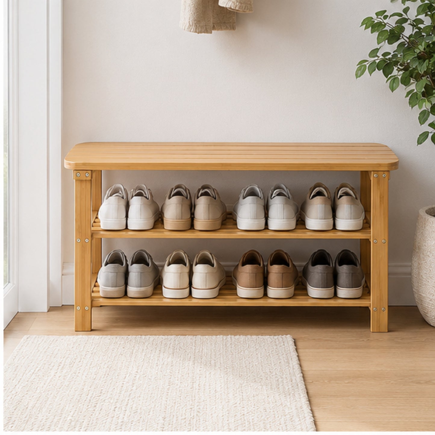 3-Tier Bamboo Shoe Rack Bench for Entryway, Holds up to 8 Pairs