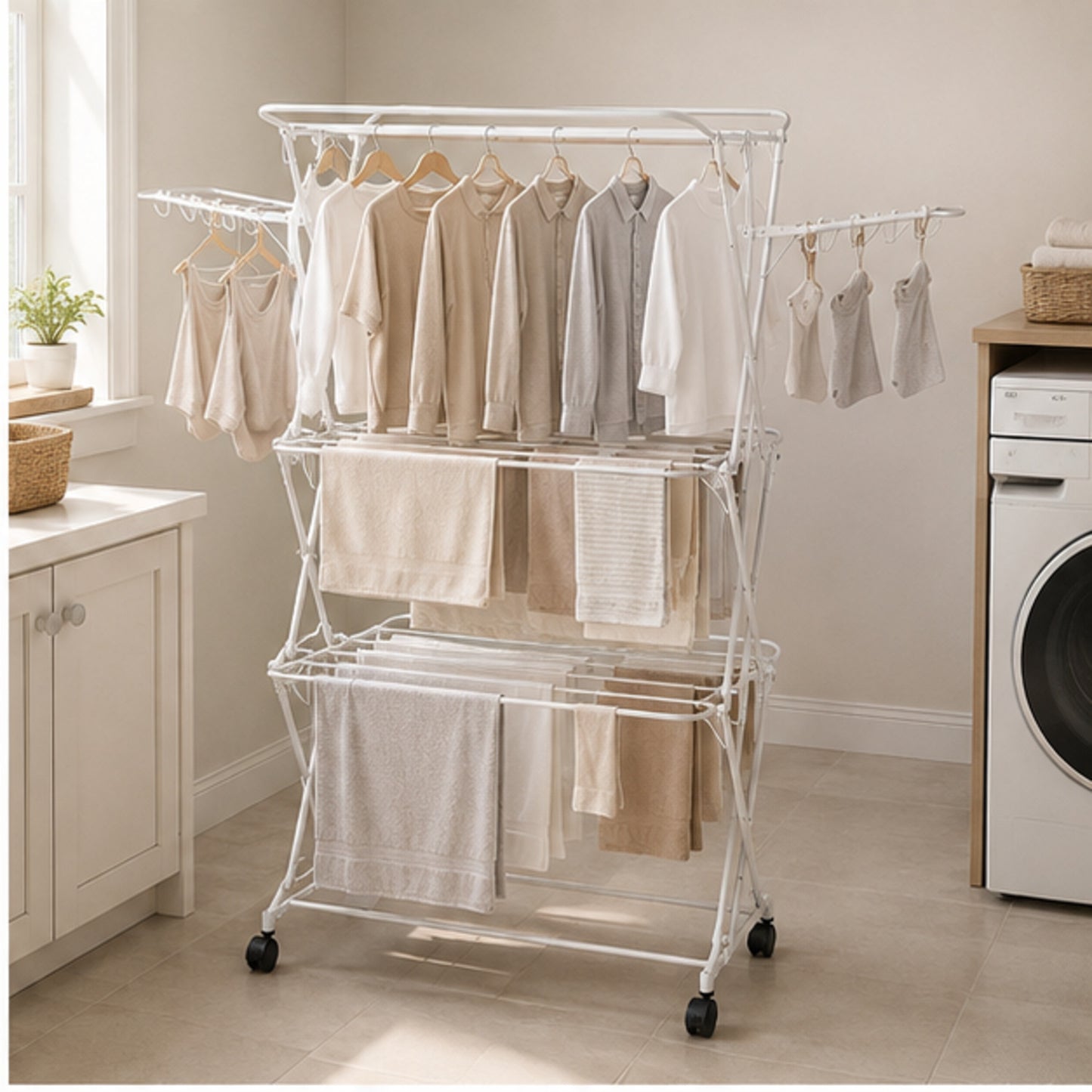 3-Tier Folding Clothes Drying Rack with Side Wings and Locking Casters