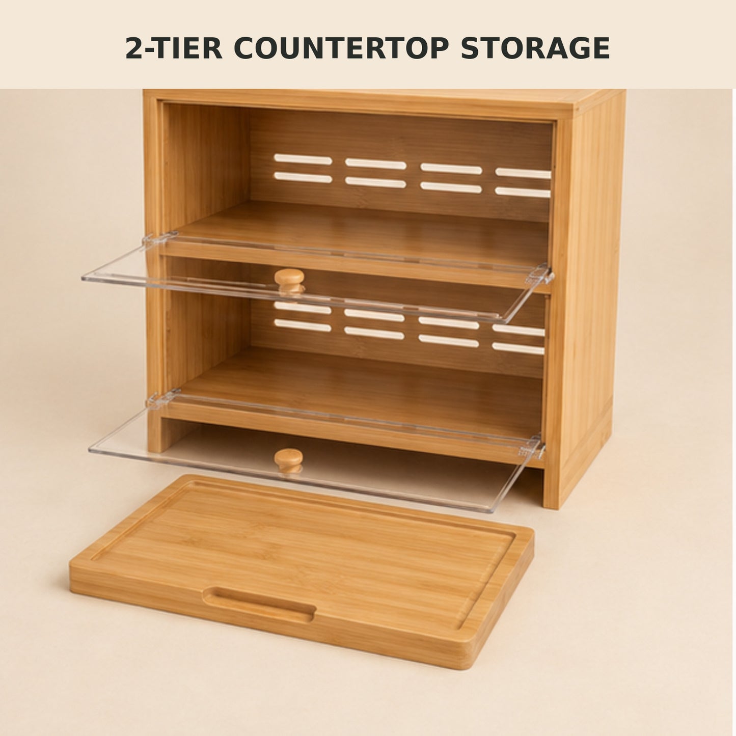 Double-Layer Bamboo Bread Box with Clear Doors and Removable Cutting Board