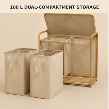 100 L Dual-Compartment Laundry Hamper with Bamboo Frame and Removable Bags