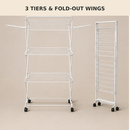 3-Tier Folding Clothes Drying Rack with Side Wings and Locking Casters