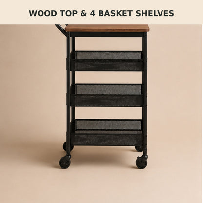 5-Tier Rolling Kitchen Utility Cart with Wood Top and Locking Casters