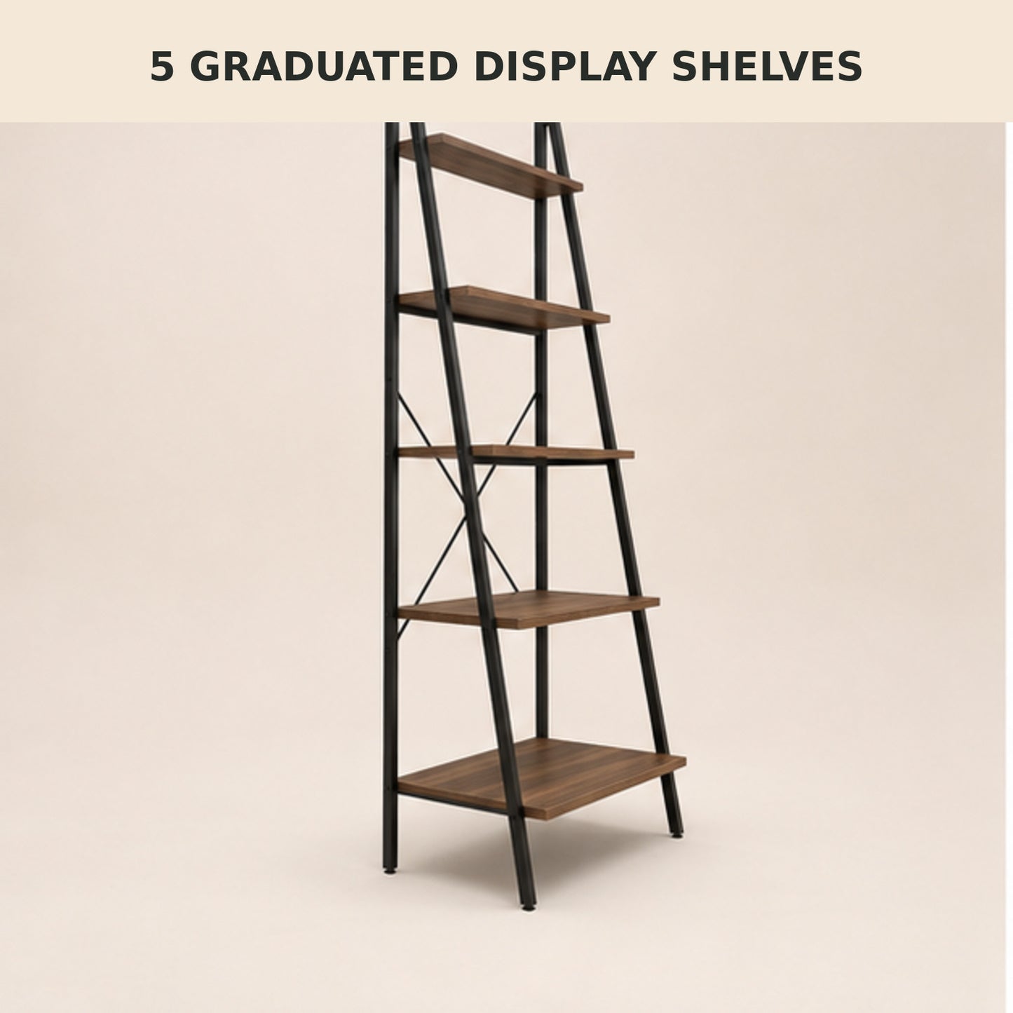 5-Tier Ladder Bookshelf with Wood Shelves and Metal Frame