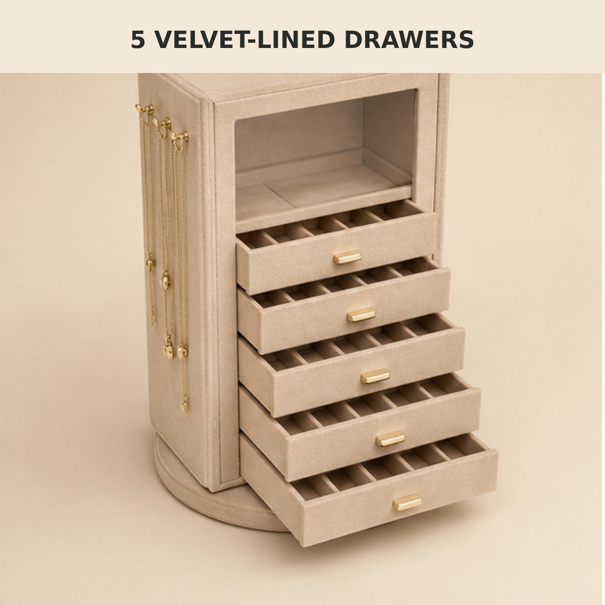 5-Drawer Rotating Jewelry Organizer with Glass Window and Velvet Interior