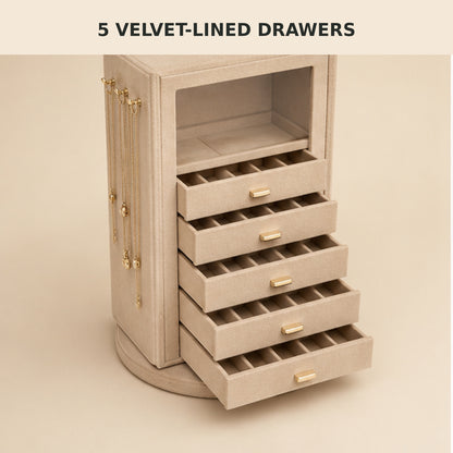 5-Drawer Rotating Jewelry Organizer with Glass Window and Velvet Interior