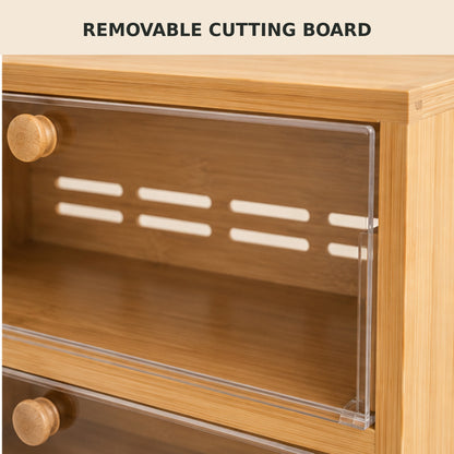 Double-Layer Bamboo Bread Box with Clear Doors and Removable Cutting Board